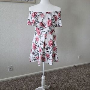 SHEIN White Floral Dress with Red Rose Print